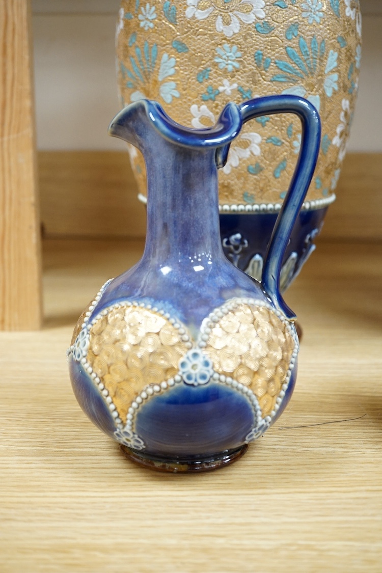 A pair of Doulton stoneware floral vases and a pair of similar jugs, largest 36cm high. Condition - good